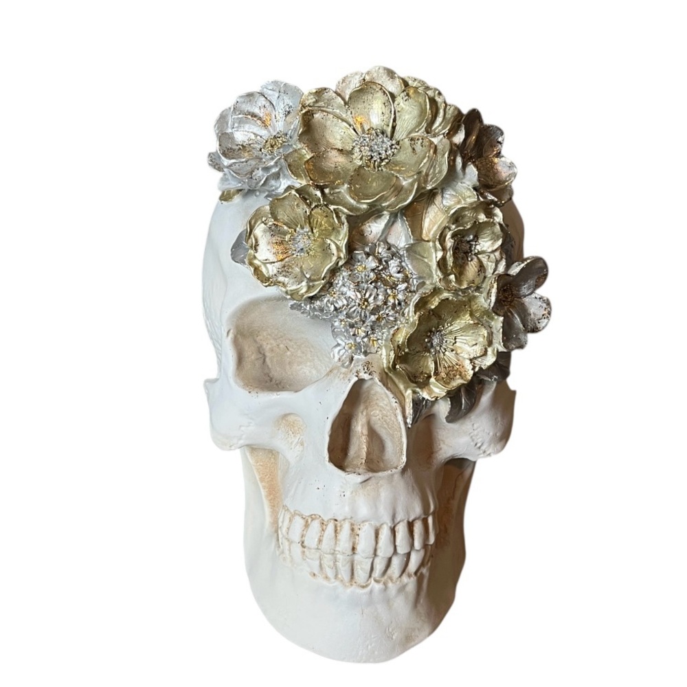 Large Floral Whimsical Skeleton Skull Halloween Gothic Decor Figurine NWOT